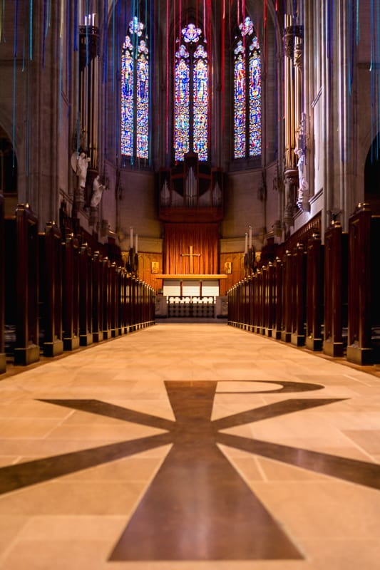 Art in the Church Graced With Light ribbon installation in Grace Cathedral, San Francisco.