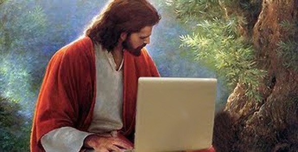 Would Jesus unfriend them on Facebook? Jesus is shown using a laptop