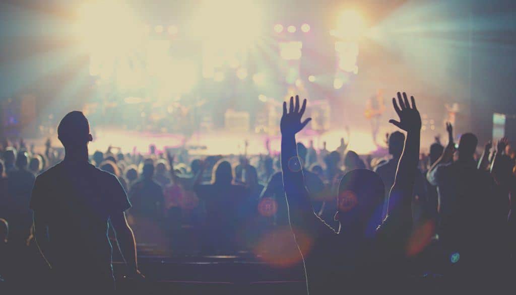 A crowd at a concert is shown from the back.