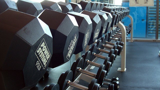 An Evangelical addiction to strength dumbbells on a rack in a gym