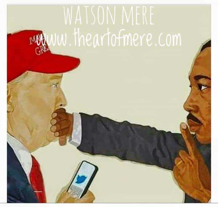 A Time for Faith on View Painting of MLK Jr. putting his hand over Donald Trump's mouth and using his finger to shush Trump.