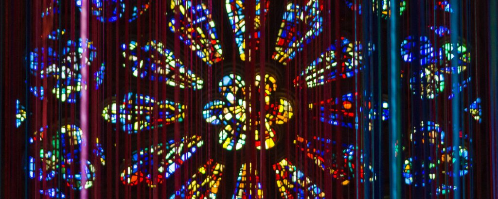 What I Believe... a Statement of Spiritual Foundations An art installation hanging in front of the Rose Window at Grace Cathedral in San Francisco.