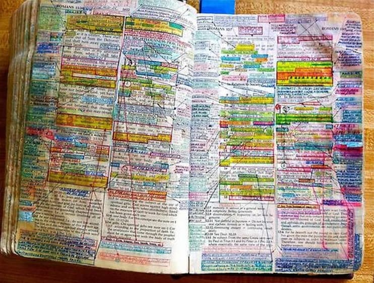 A Bible full of notes, underlines, and highlights.