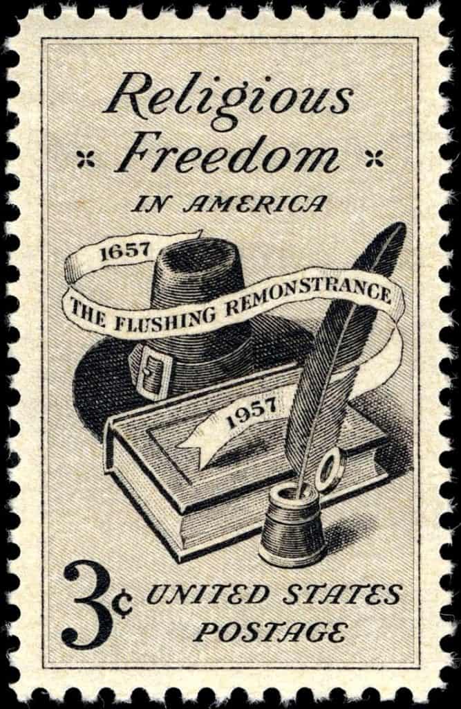 Johnny Fencerider, Demon Sperm, and the Real Threat to Freedom of Conscience in America An old looking stamp image with a book and pen and a banner talking about freedom in America.
