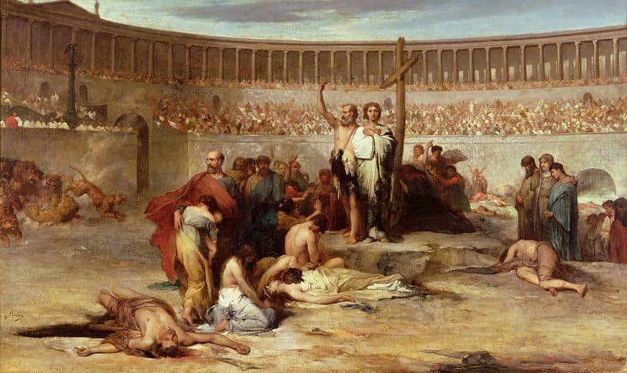 I want to live a faith worth reviling A painting shows Christian martyrs all together in a group with the backdrop of a Roman coliseum.