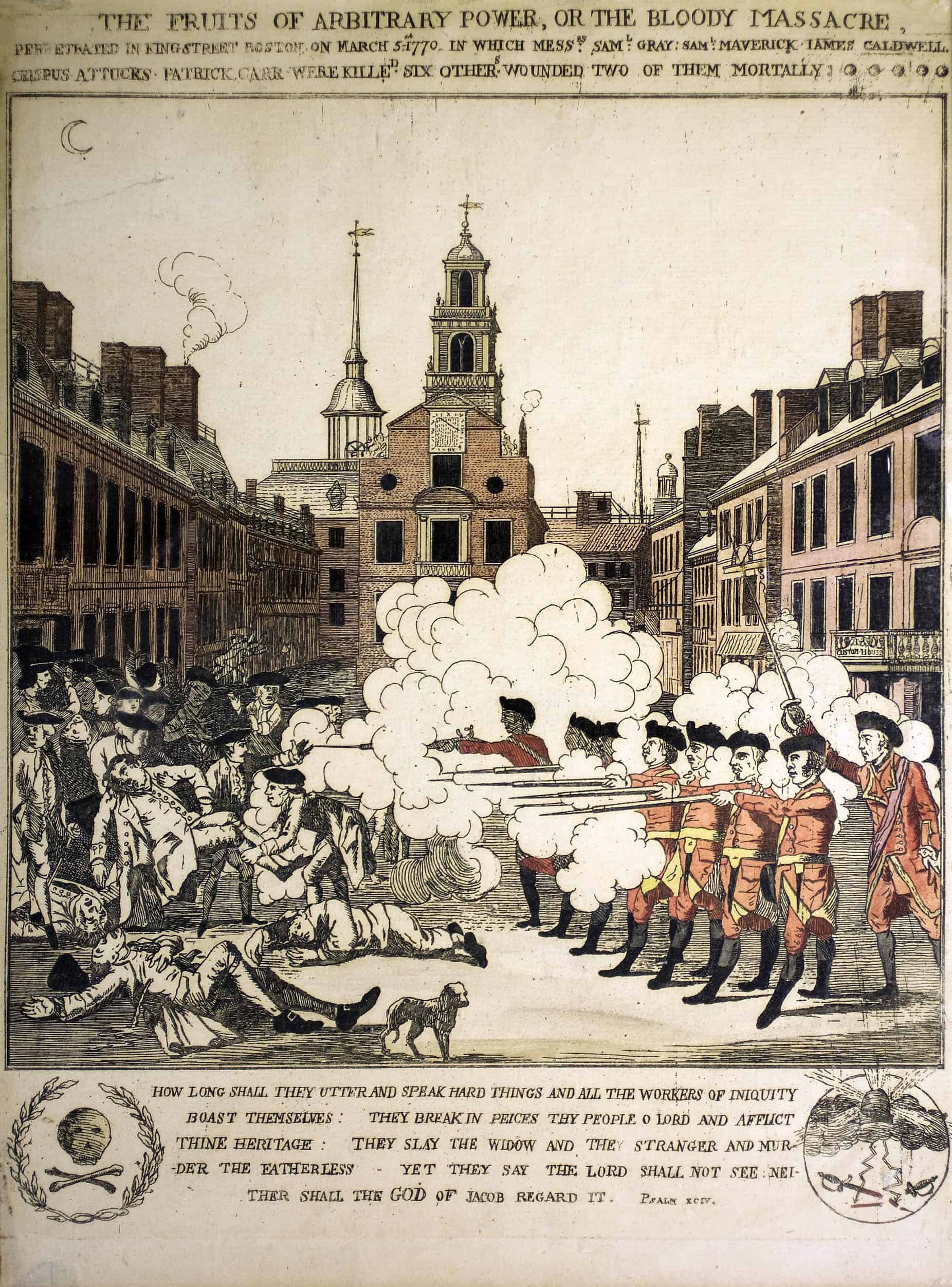 Pelham's engraving of the Boston Massacre showing soldiers firing into a crowd.