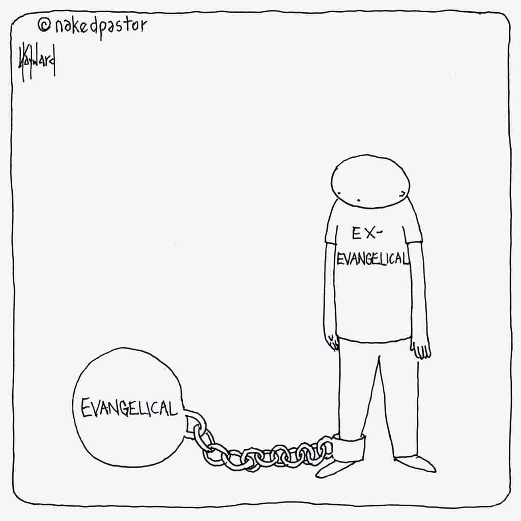 Insiders until theyโre not A simple line cartoon shows an ex-vangelical person chained at the ankle to a huge ball labeled evangelical.