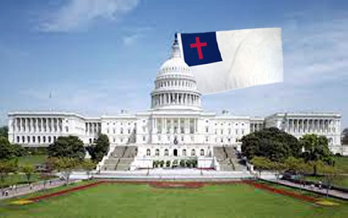 The U.S. Capitol with a Christian Flag in the background