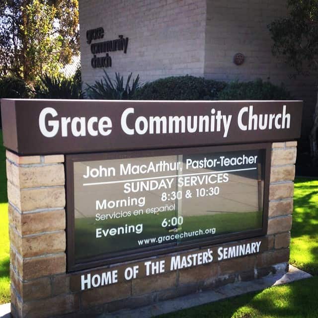 John MacArthur accused of covering up abuse Photo shows the brick sided sign of Grace Community Church on it's lawn.