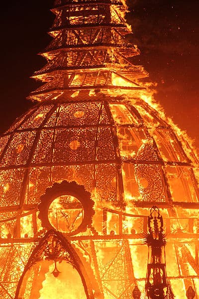 A closeup of the 'temple' at Burning Man in flames.