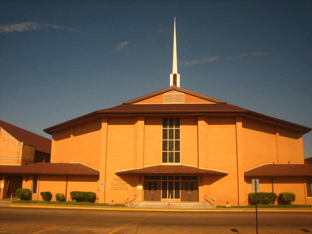 Are Texas Baptists ready for Hispanic majority? First Baptist Church in Dumas Texas is shown from the front.