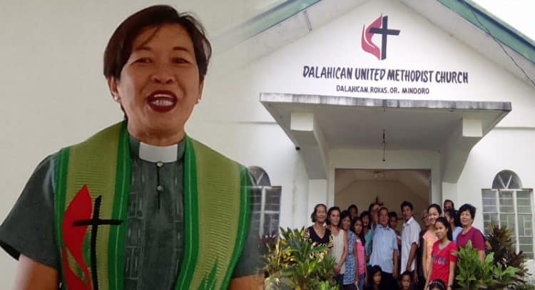 Woman preacher and group of people in front of a United Methodist Church