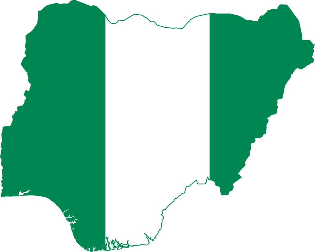 the green and white flag of Nigeria overlaying the country's shape
