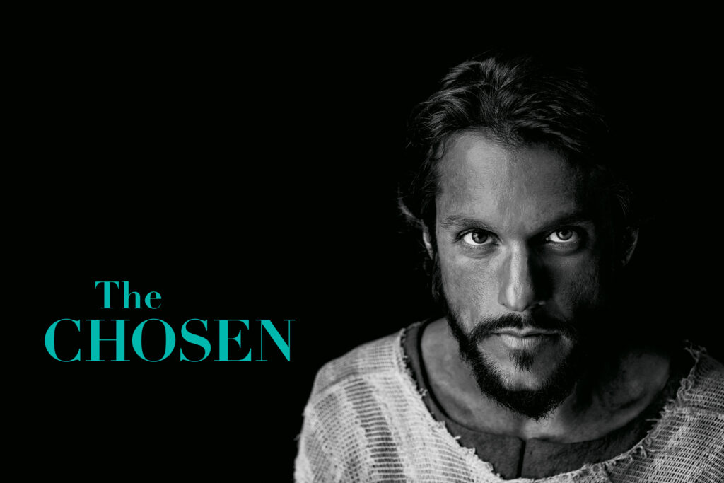 A male actor from The Chosen is shown in a black and white portrait.
