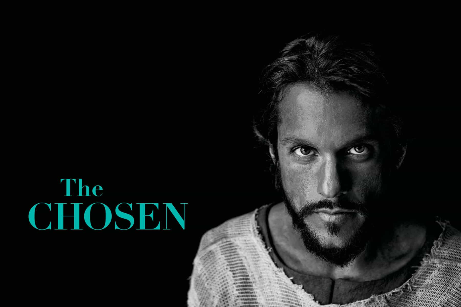A male actor from The Chosen is shown in a black and white portrait.