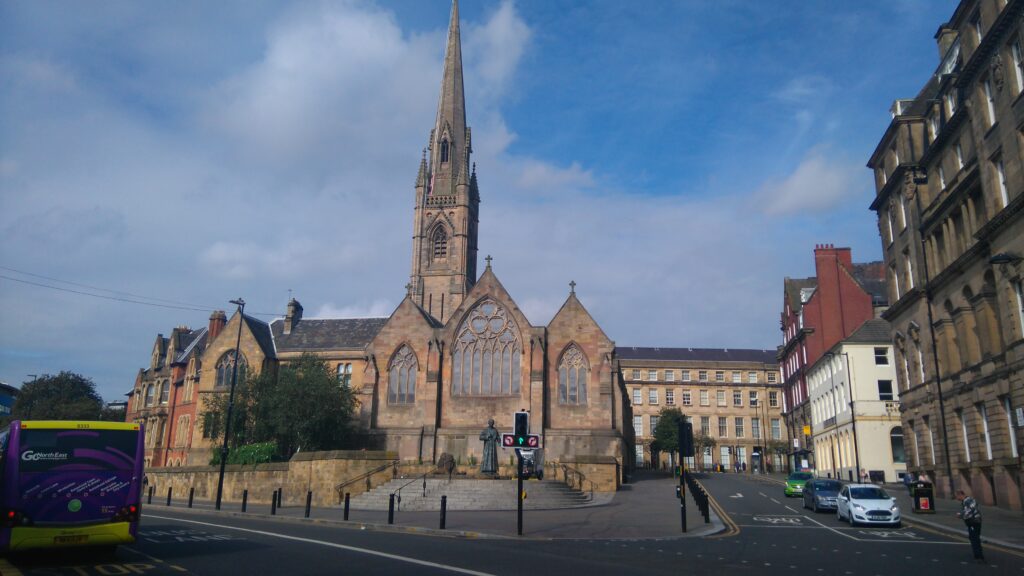 St Mary's Cathedral in Newcastle is shown from the street.