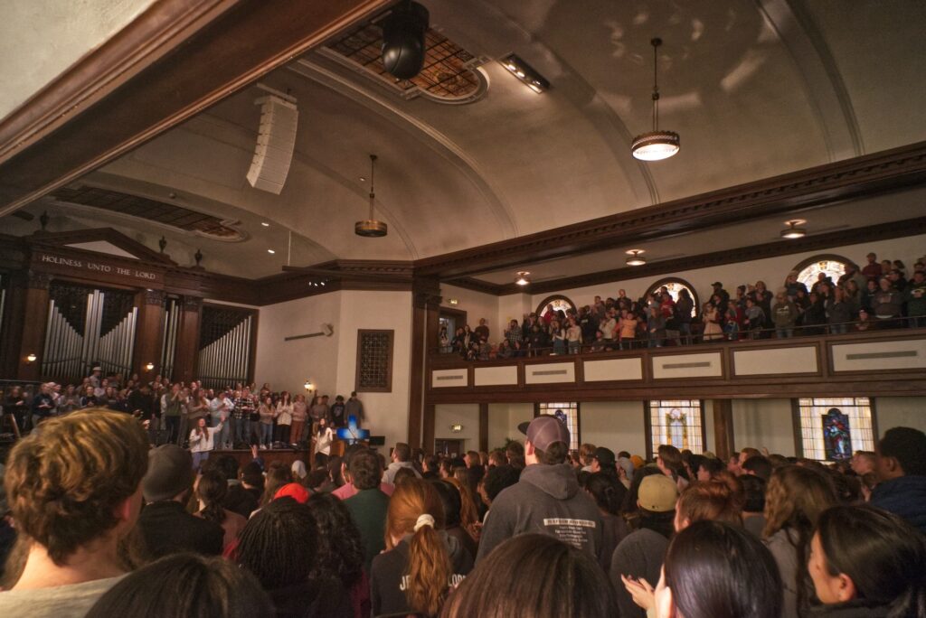 Revival or Redecorating? Asking uncomfortable questions Asbury's chapel is seen from the back and crowded with people.