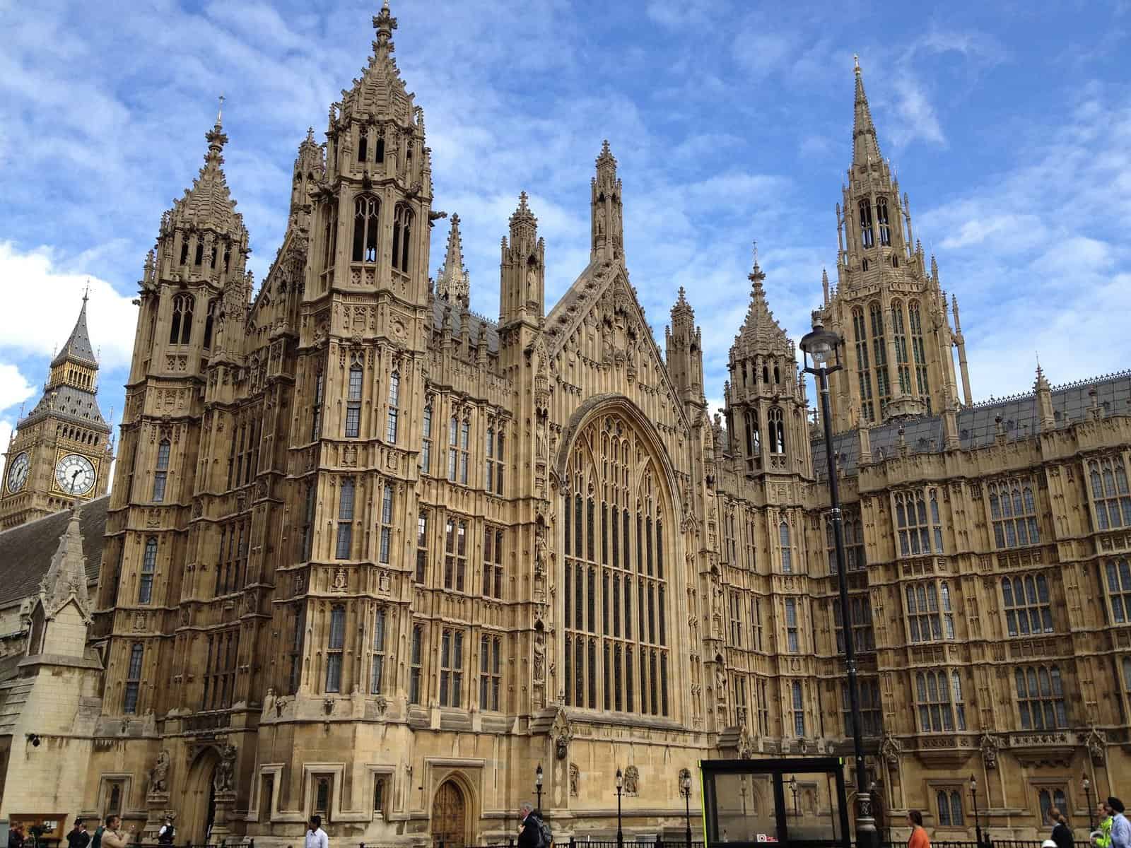 A portion of Westminster Abby is shown from the street with no surrounding sidewalk or buildings in the photo.