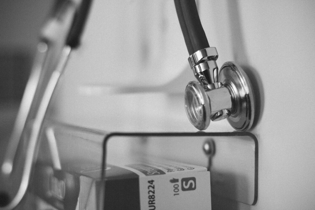 Pro-life pregnancy clinic vandalized twice in a year Black and white photo shows a stethoscope hanging near other medical supplies.