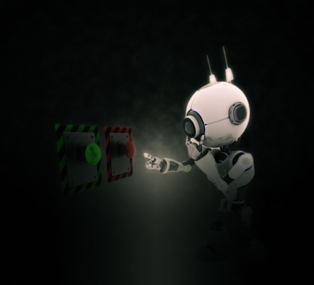 Technological advances influence Hindu religious practices The torso of a white colored Robot is seen choosing which button to push, red or green on a dark background that obscures much of the scene.