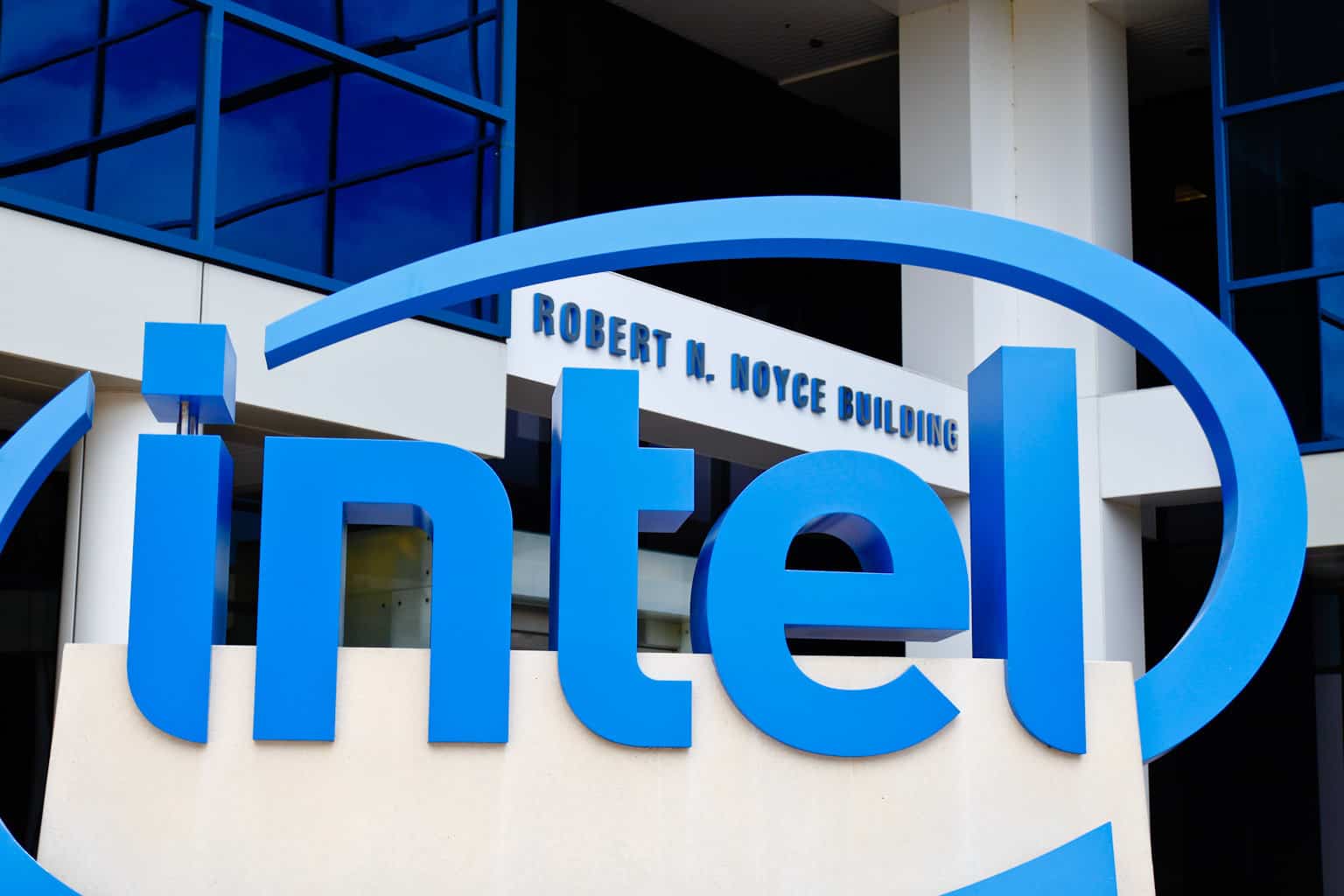 A blue intel logo is shown on a building.