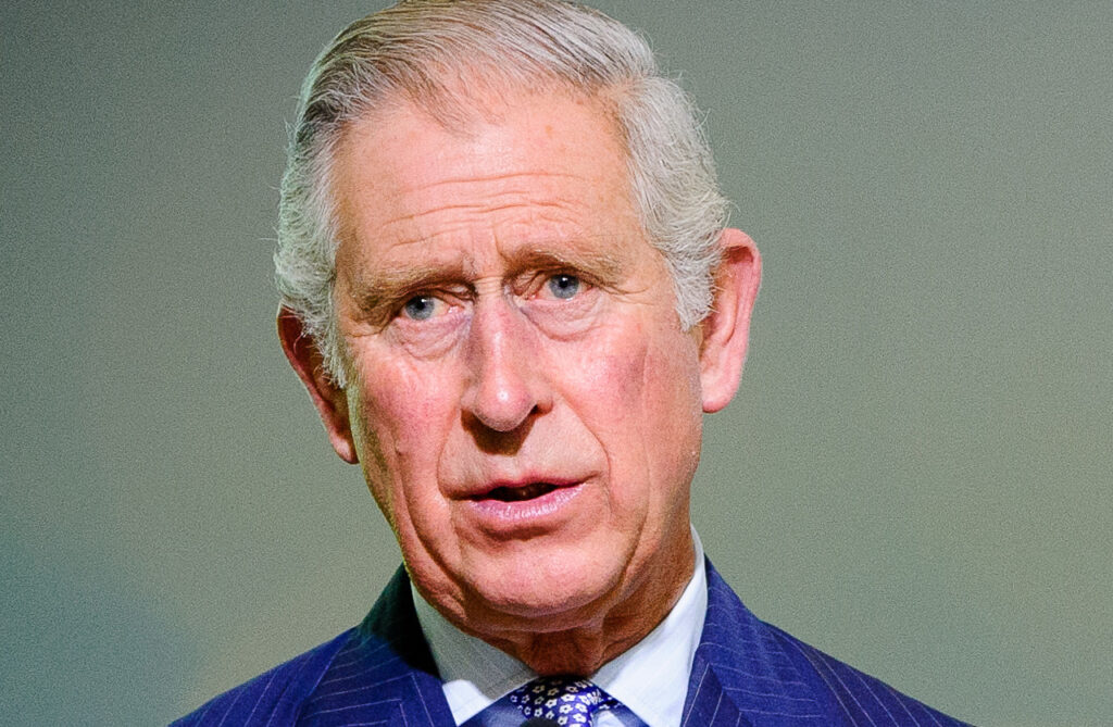 King Charles is shown in a royal blue pinstripe suit at a speaking event.