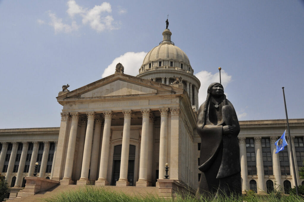 Church forum focuses on white Christian nationalism The Oklahoma state capitol is shown from street level.