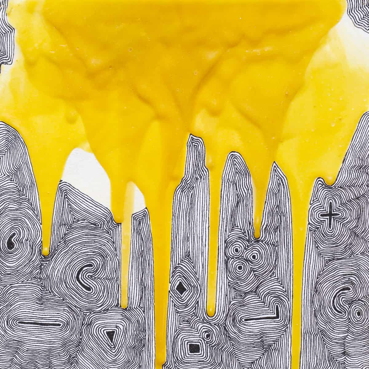 Collaborating with Providence, this mixed media piece of yellow acrylic paint and black ink explores the relationship of providence to humanity.