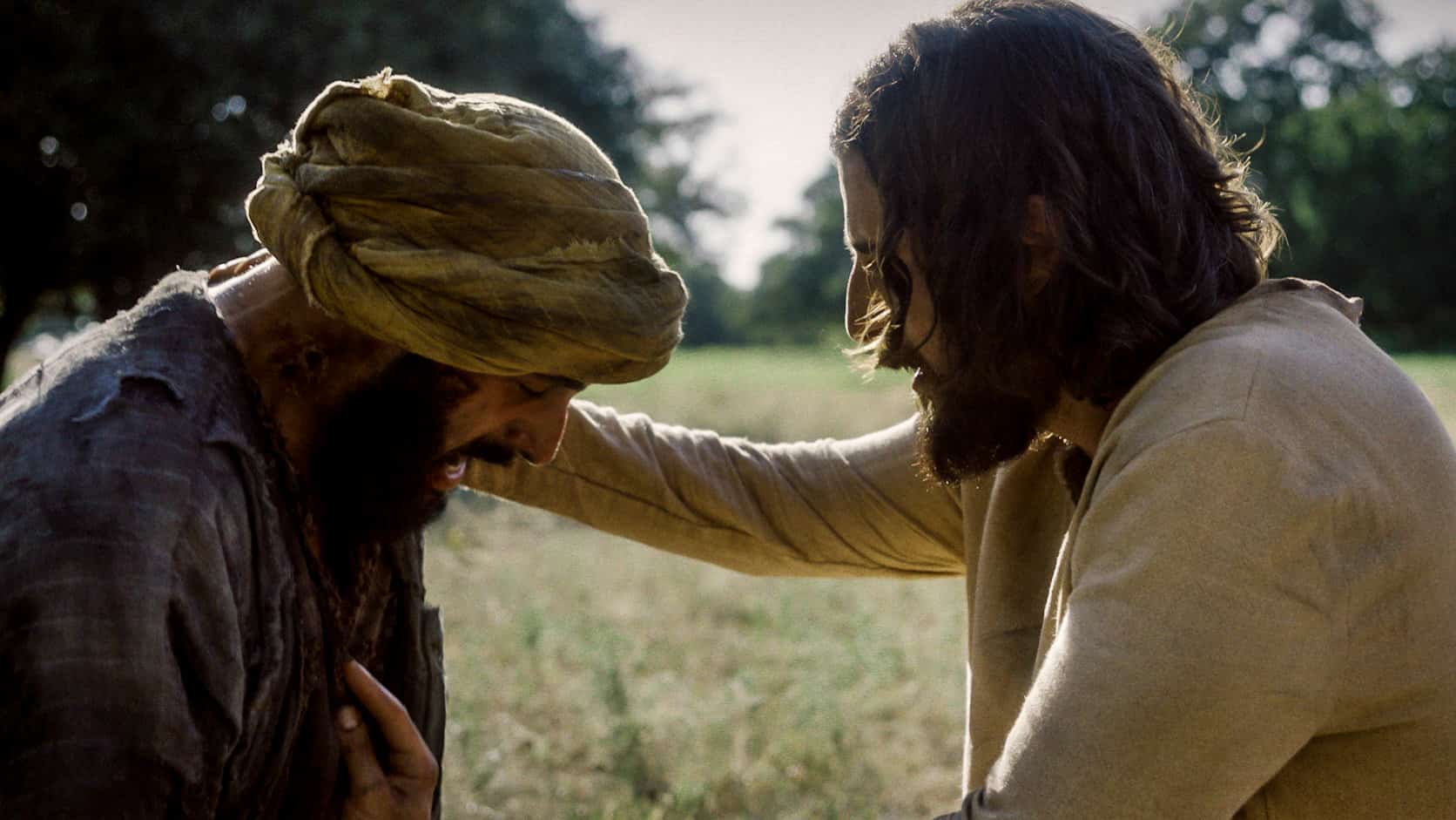 Depicted is The Chosen's Jesus touching the leper.