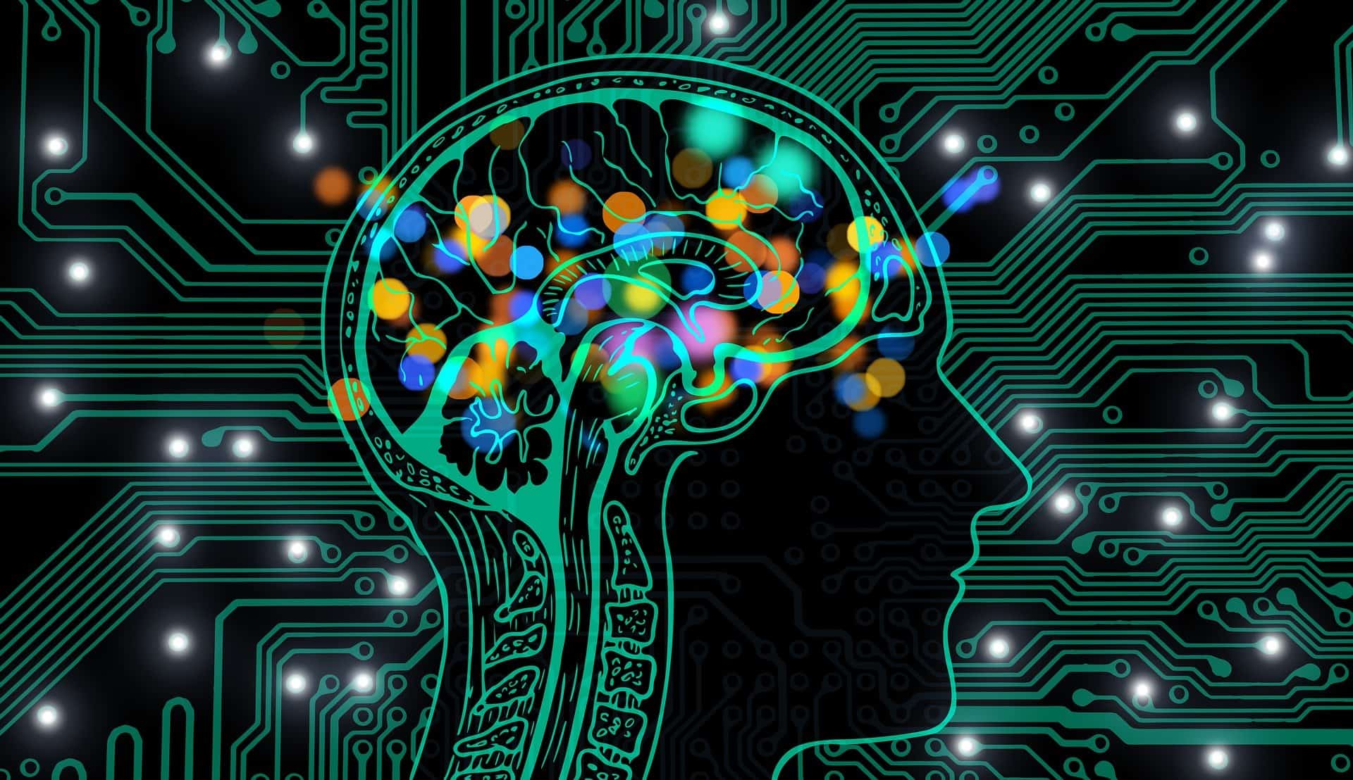 Colorful graphic shows the profile outline of a head and face with a circuit board behind.