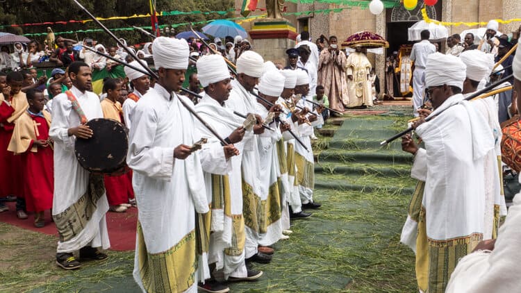 Christian persecution rising internationally Orthodox priests dancing in front of Saint Mary church for 2015 Timkat in Addis Ababa, Ethiopia