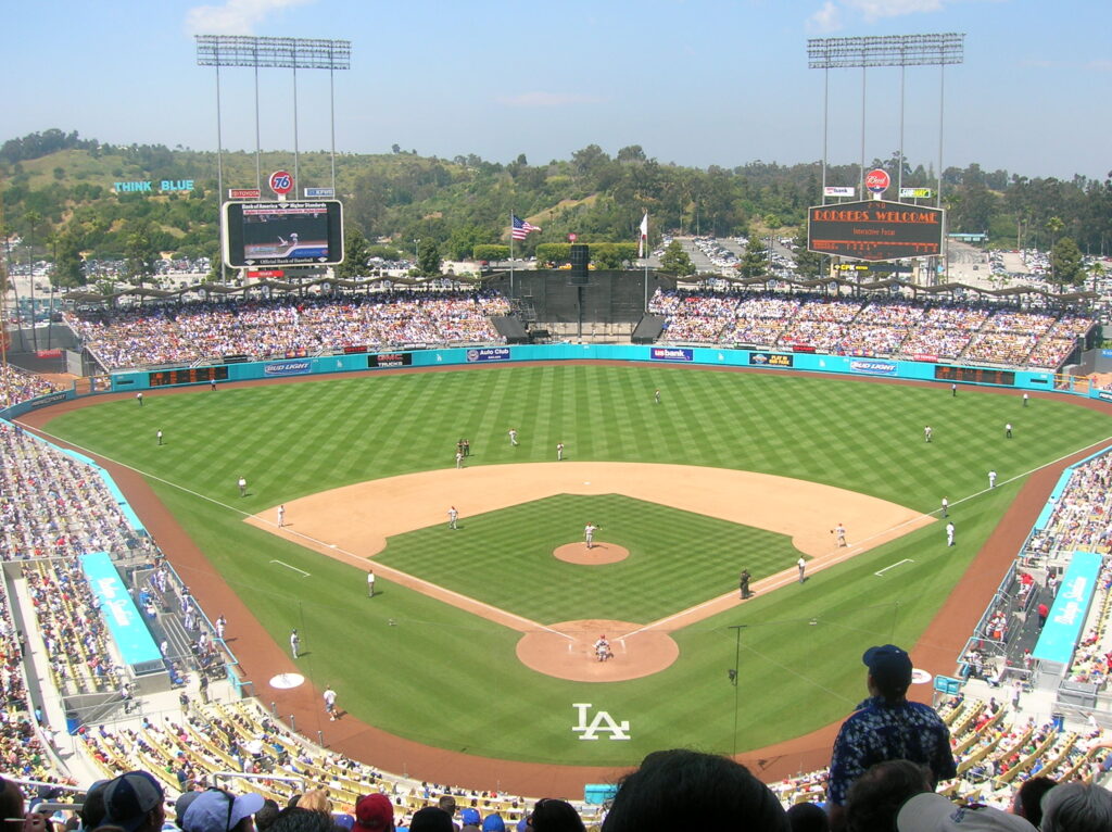This wide angle image shows Dodger Stadium from high above home plate.