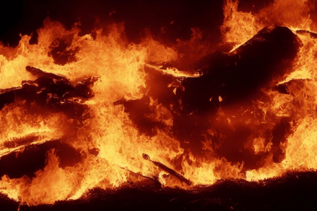 A fire with orange flames and large logs is shown.