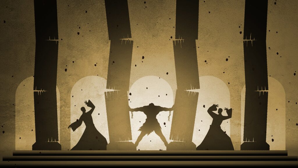 An image in silhouette depicts the biblical Samson pushing a building's pillars down.