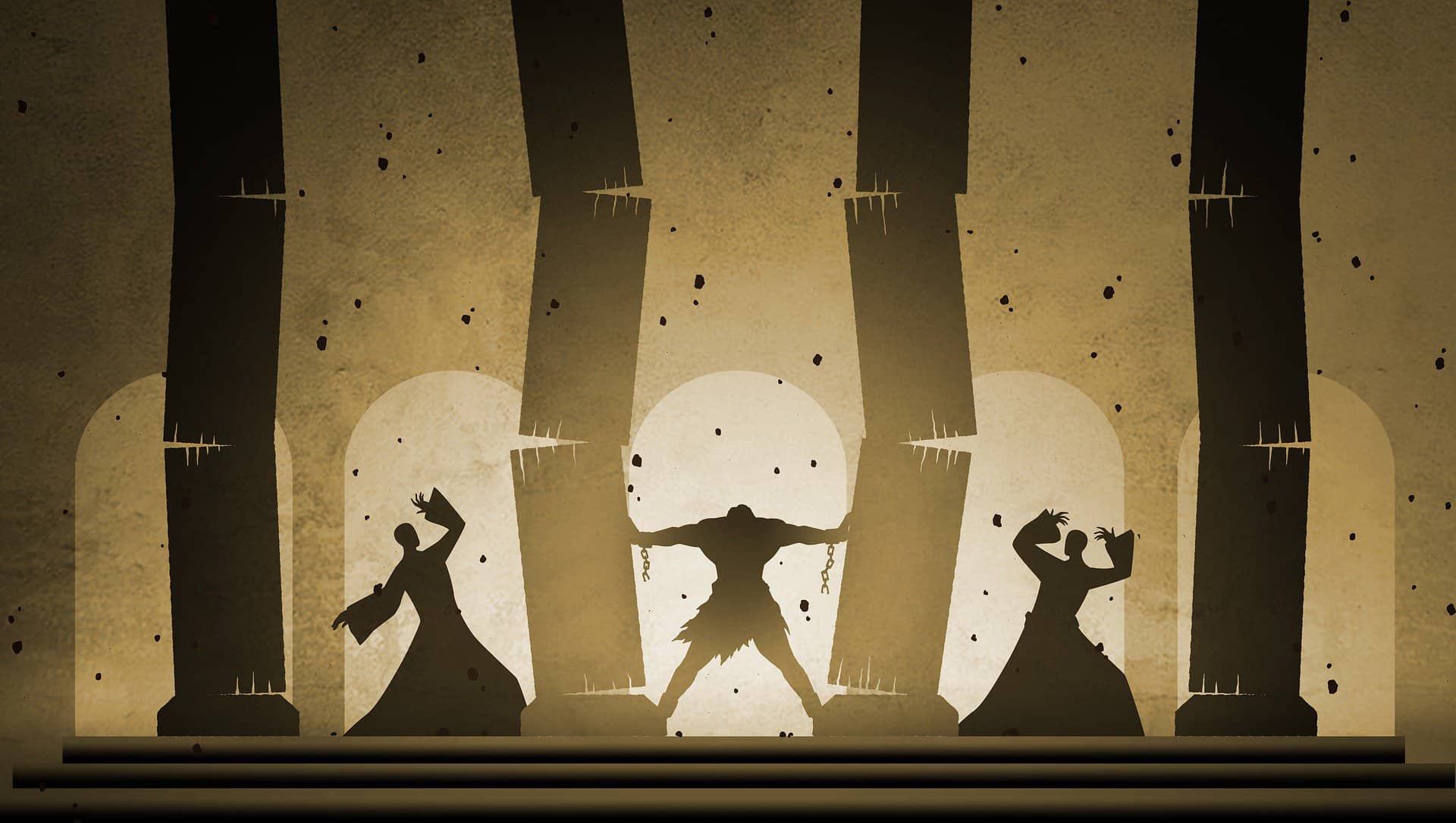 An image in silhouette depicts the biblical Samson pushing a building's pillars down.