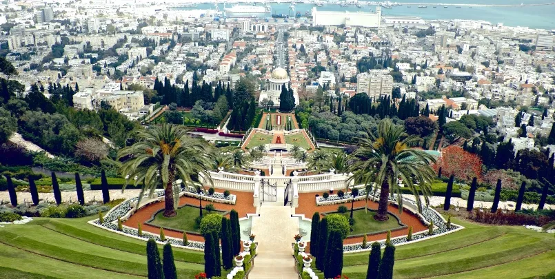 Israeli president commits to defending religious freedom Bahai Garden in Haifa, Israel is shown from above with the coast seen behind it.