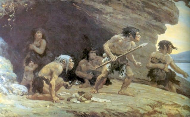 When the hunt becomes too easy A caveman family, positioned just outside a cave, with father holding a spear is depicted in this painterly image.