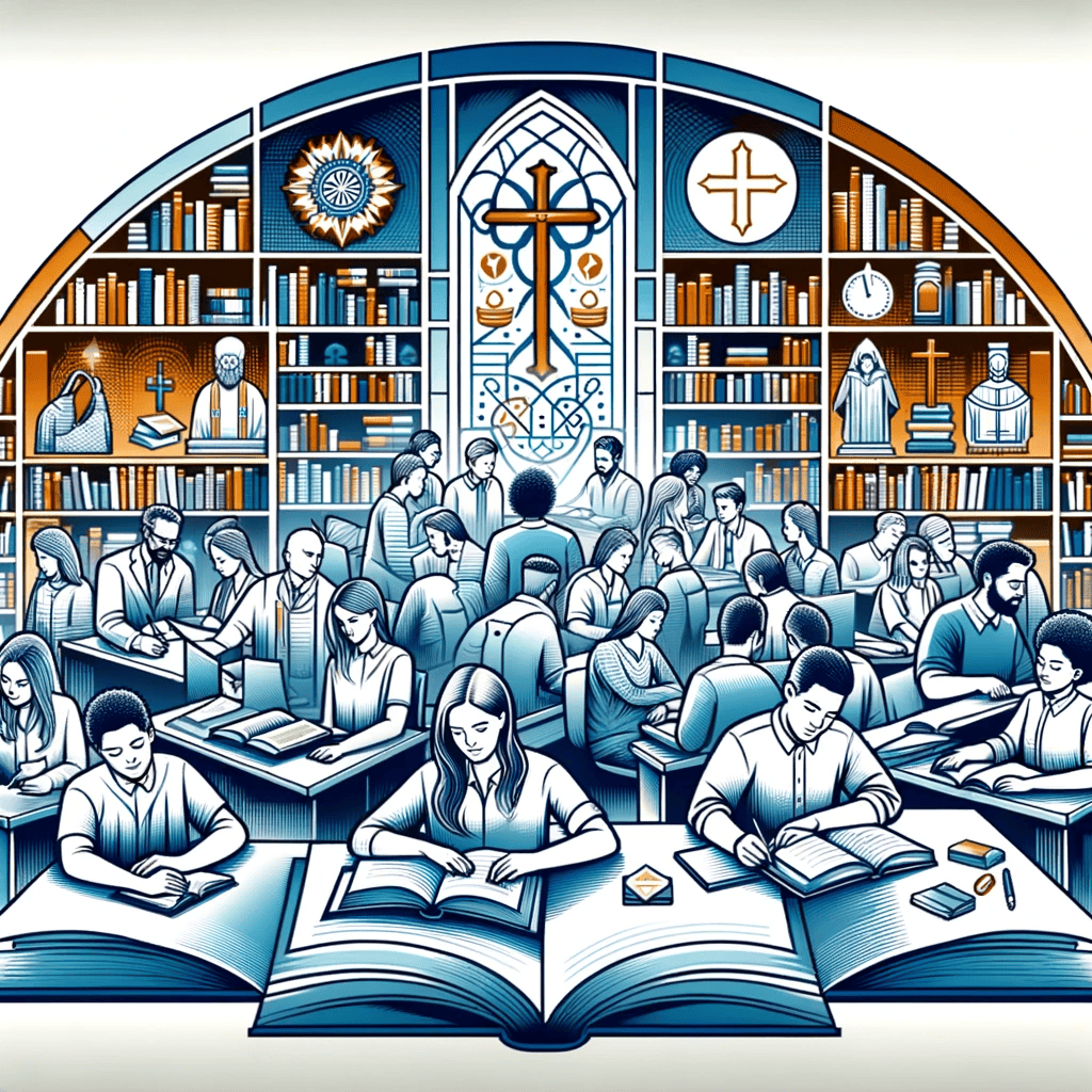 An illustration of a diverse group of students studying together in a library at a Christian college.