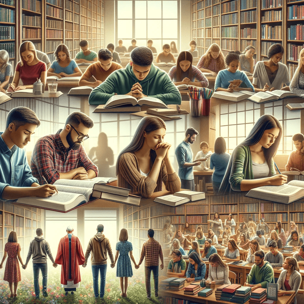 An image of college students in a library filled with books