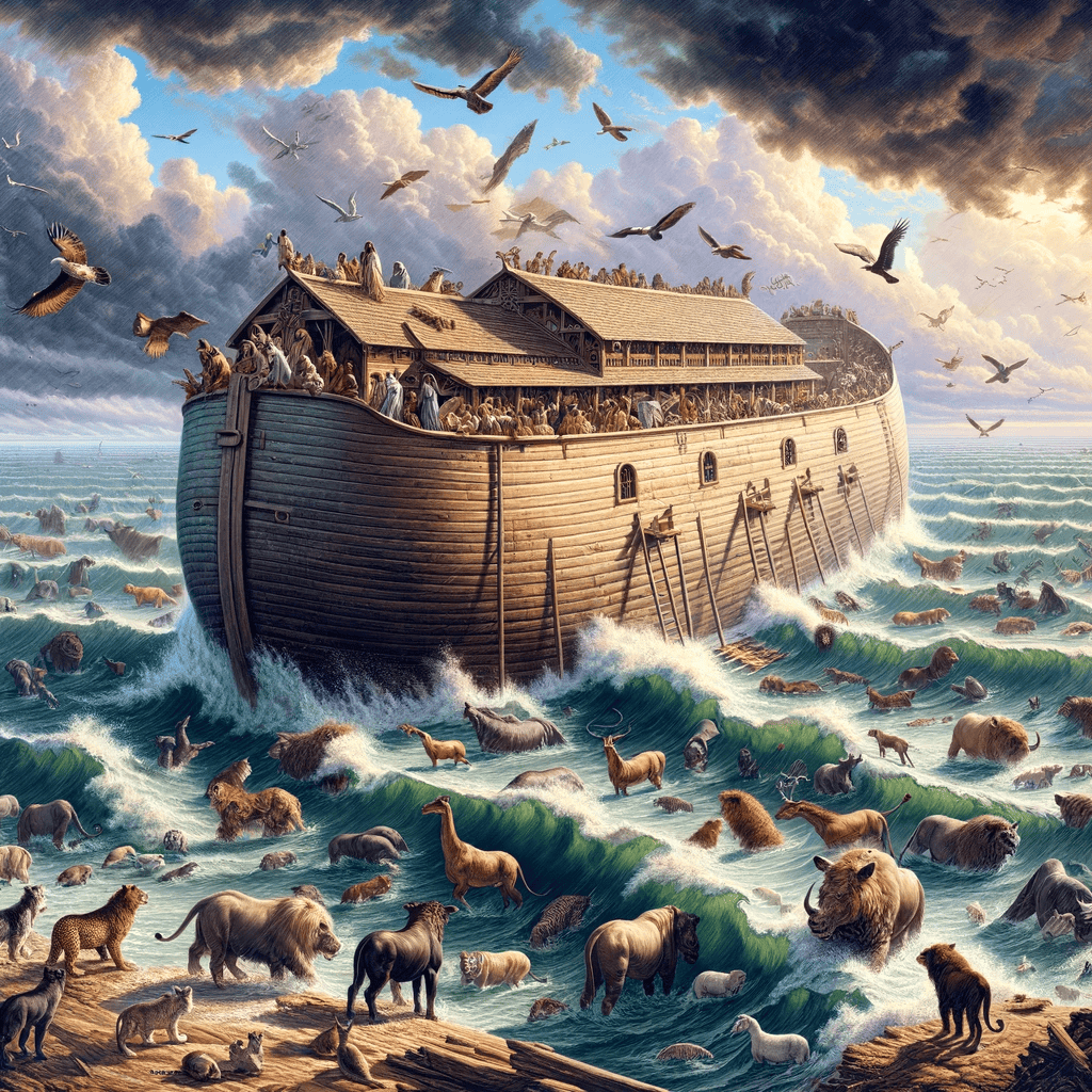 Noah's Ark on tumultuous waters during the flood destroying creation.