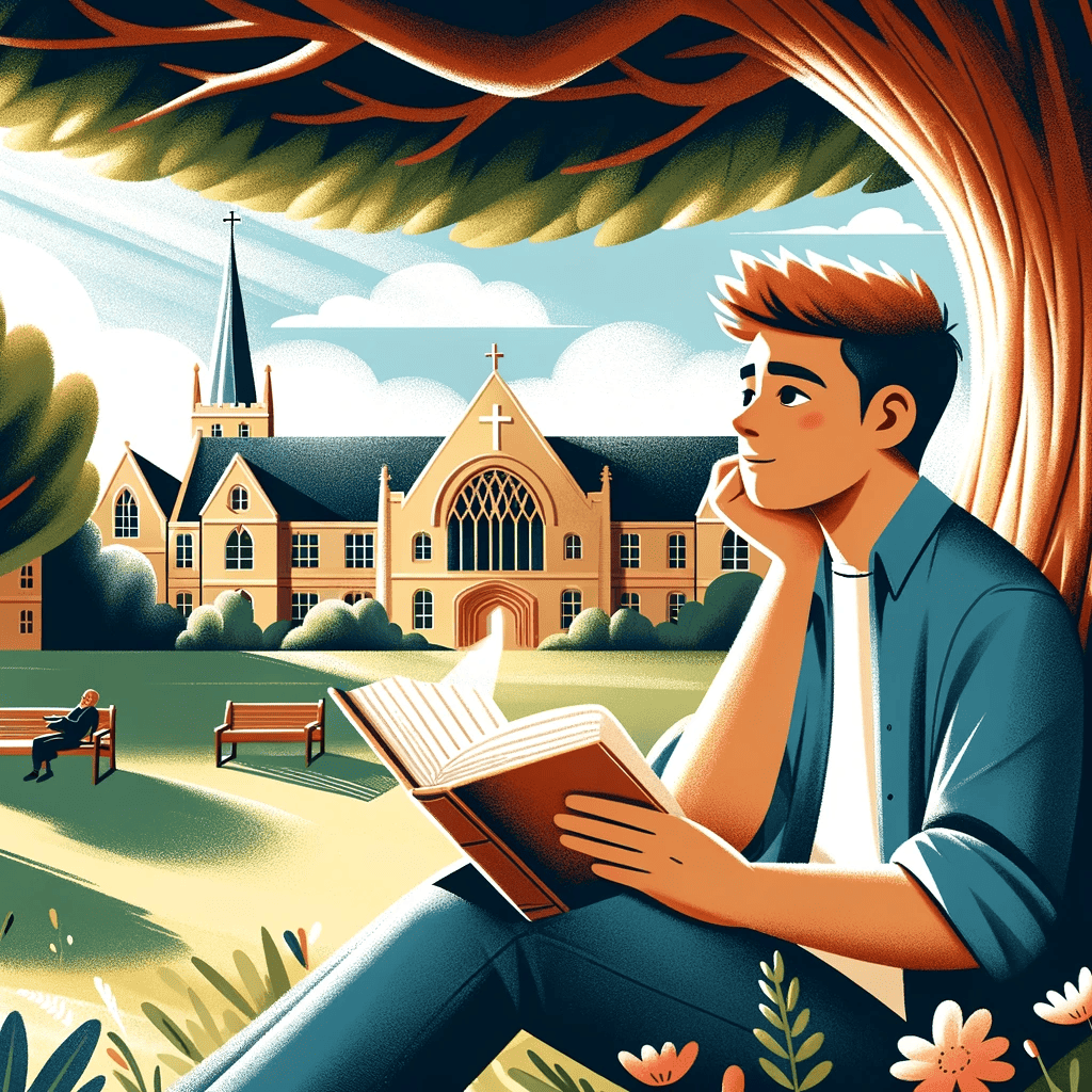 Young man sitting under tree at Christian college