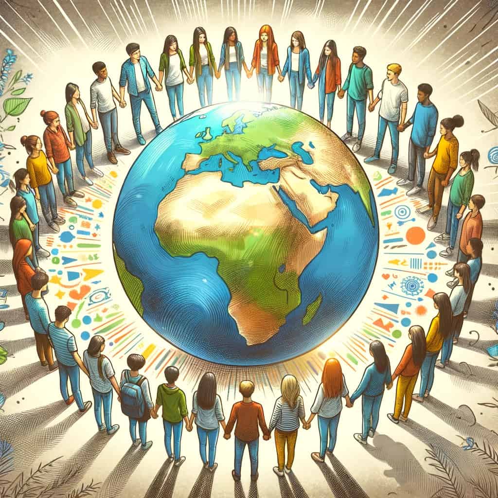 A Globe Surrounded by Students Holding Hands