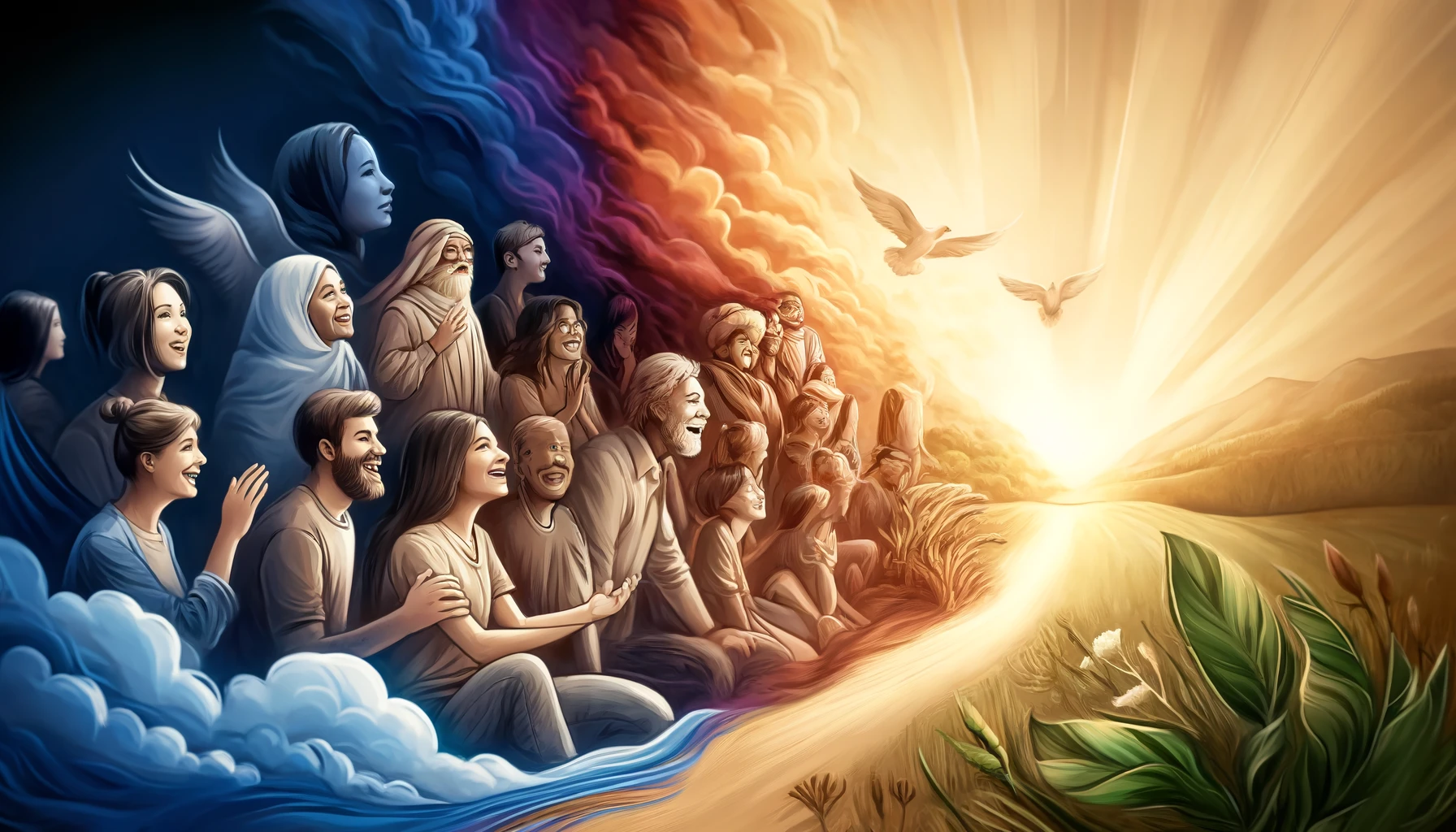 Happy people, doves, and radiant light.