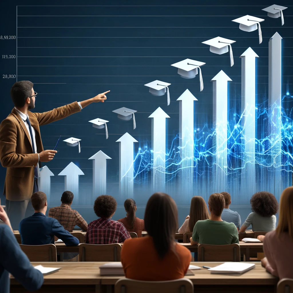 a dynamic graph or bar chart in a lecture hall setting