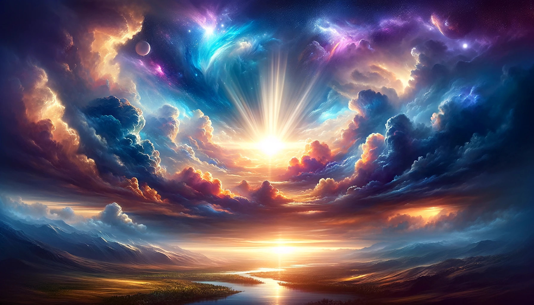 A breathtaking image of the heavens with a divine light breaking through the clouds.