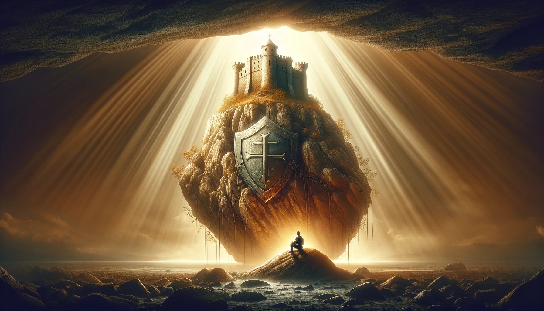 A large, strong rock formation with a fortress built on top.