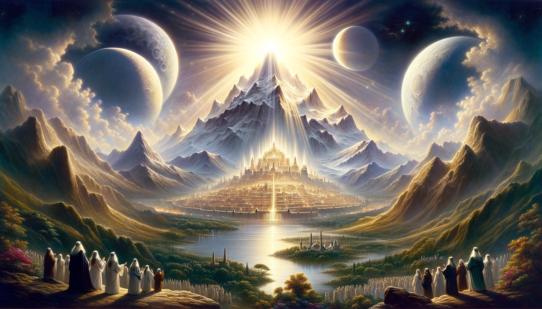 A majestic scene depicting Mount Zion and Jerusalem, bathed in a divine light.
