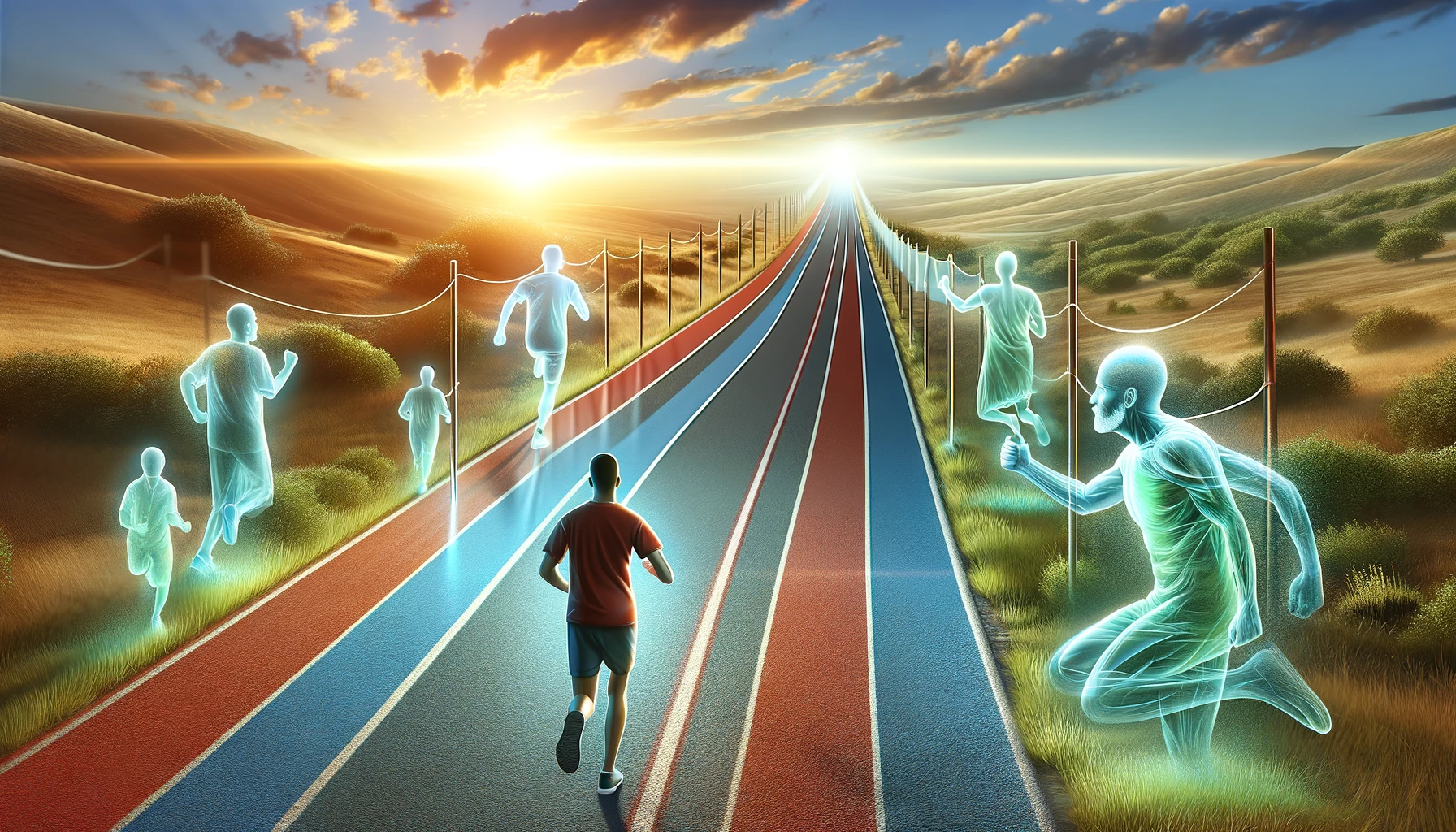 A person running on a path with a distant finish line. 