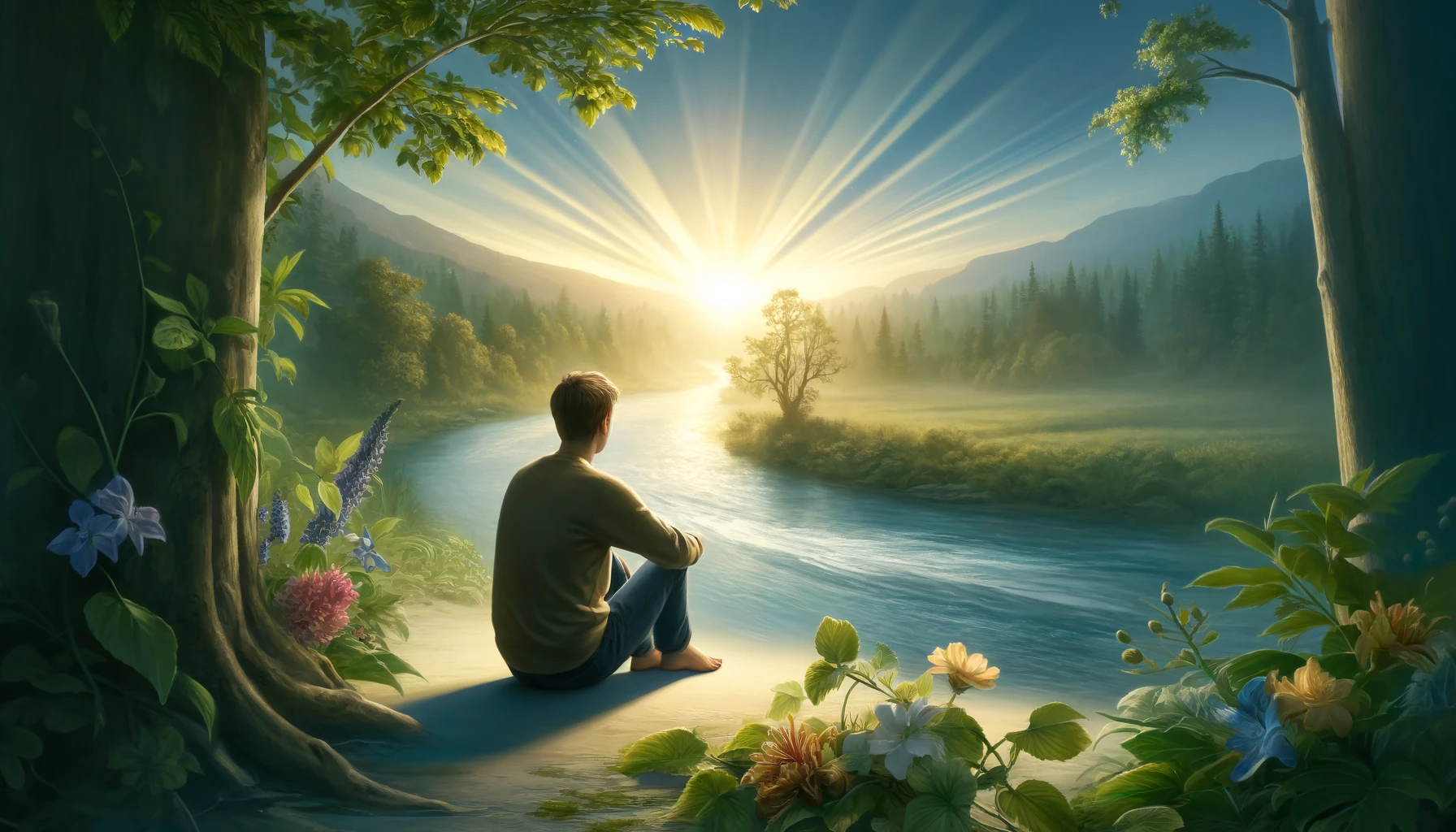 A person sitting alone in a serene natural setting, looking contemplative.