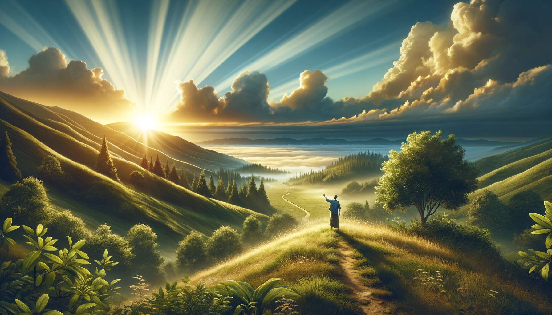 A person standing on a hill at sunrise, looking towards the sky.